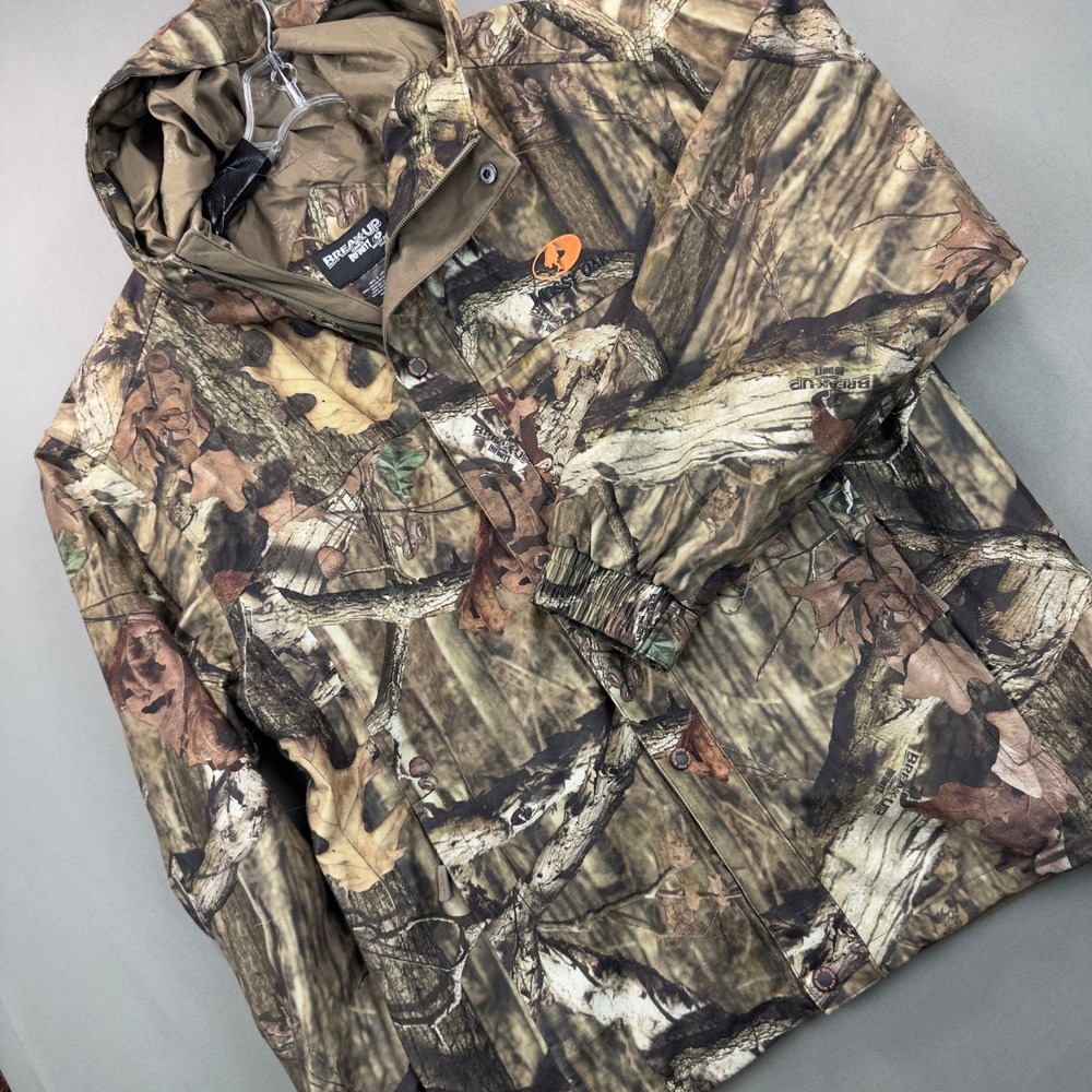 Mossy Oak Hunting Jacket Mens L Brown Camo Excellent Break-Up Infinity Hooded